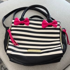 Betsey Johnson Black and White Striped Shoulder Bag with Pink Bows